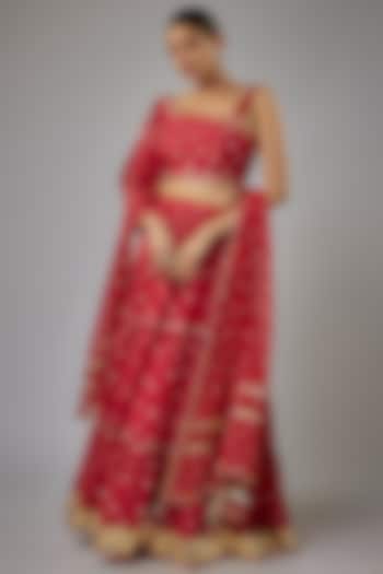 Maroon Muslin Hand-Tied Bandhej Printed Lehenga Set by Aarnya by Richa at Pernia's Pop Up Shop