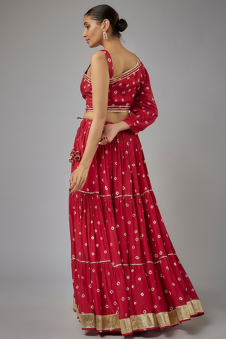 Maroon Muslin Hand-Tied Bandhej Printed Lehenga Set by Aarnya by Richa at Pernia's Pop Up Shop