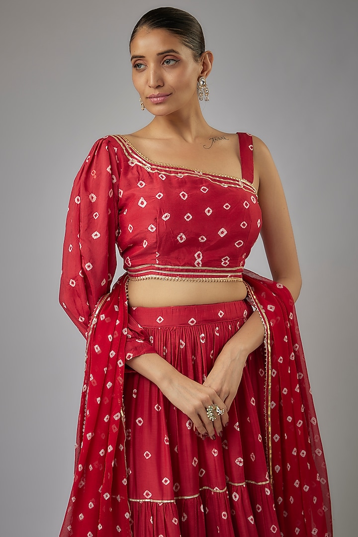 Maroon Muslin Hand-Tied Bandhej Printed Lehenga Set by Aarnya by Richa at Pernia's Pop Up Shop