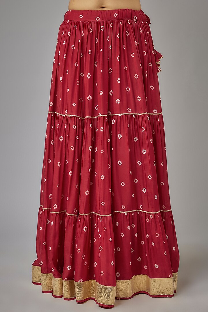 Maroon Muslin Hand-Tied Bandhej Printed Lehenga Set by Aarnya by Richa at Pernia's Pop Up Shop