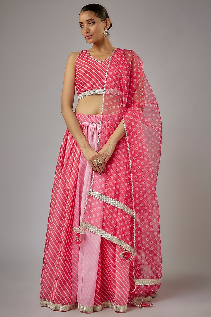 Pink Chanderi Leheriya Printed & lace Embroidered Lehenga Set by Aarnya by Richa at Pernia's Pop Up Shop
