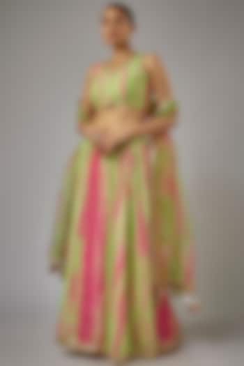 Green Chanderi Screen Printed & Lace Embroidered Lehenga Set by Aarnya by Richa at Pernia's Pop Up Shop