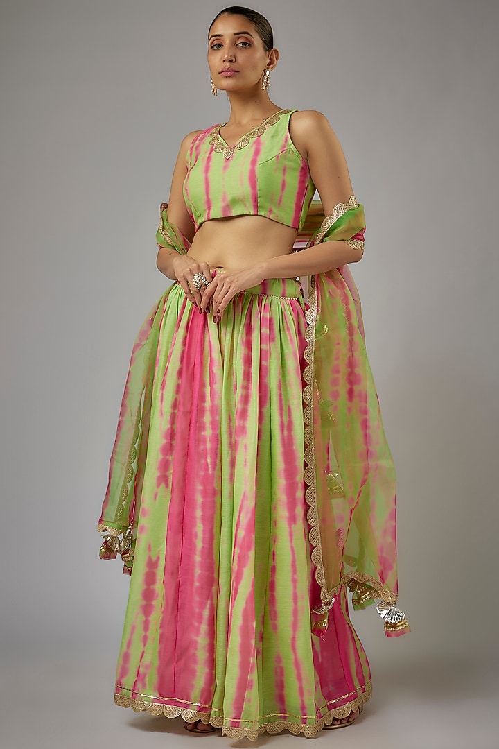 Green Chanderi Screen Printed & Lace Embroidered Lehenga Set by Aarnya by Richa at Pernia's Pop Up Shop