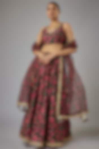 Black Chanderi Screen Printed & Lace Embroidered Lehenga Set by Aarnya by Richa at Pernia's Pop Up Shop