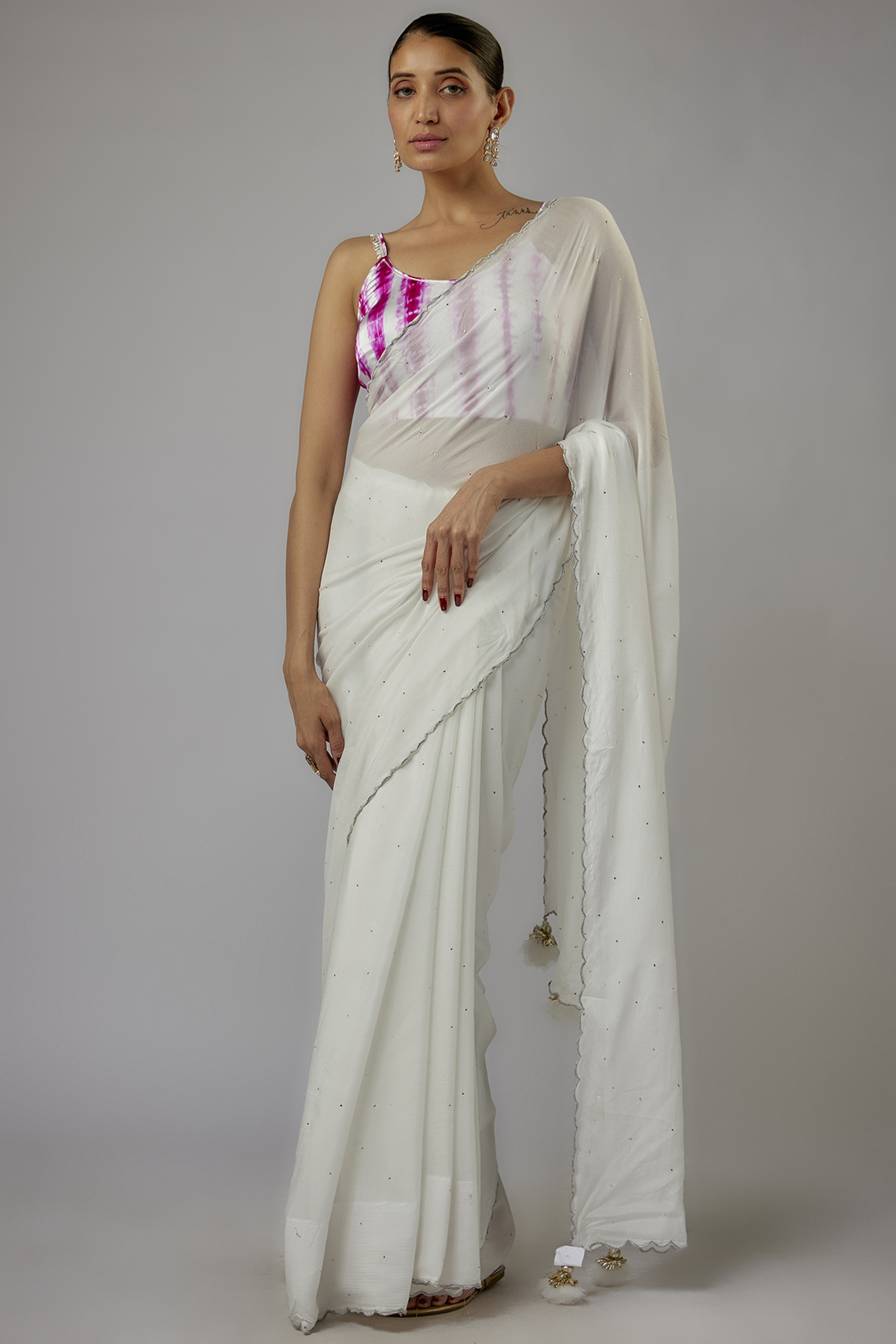 White Chiffon Lace Embroidered Festive Saree Set by Aarnya by Richa at Pernia's Pop Up Shop