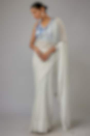 White Chiffon Lace Embroidered Festive Saree Set by Aarnya by Richa at Pernia's Pop Up Shop