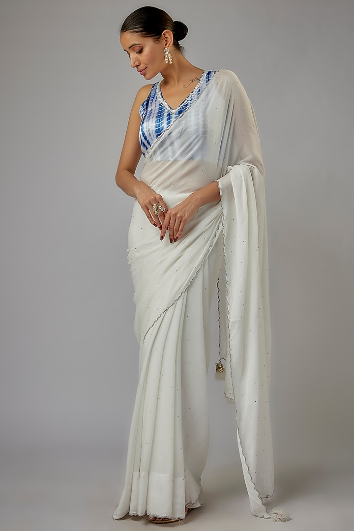 White Chiffon Lace Embroidered Festive Saree Set by Aarnya by Richa at Pernia's Pop Up Shop