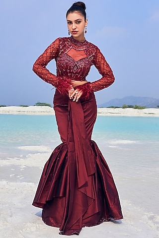 Wine Dupion Silk Co-Ord Set by Aakansha Singhal