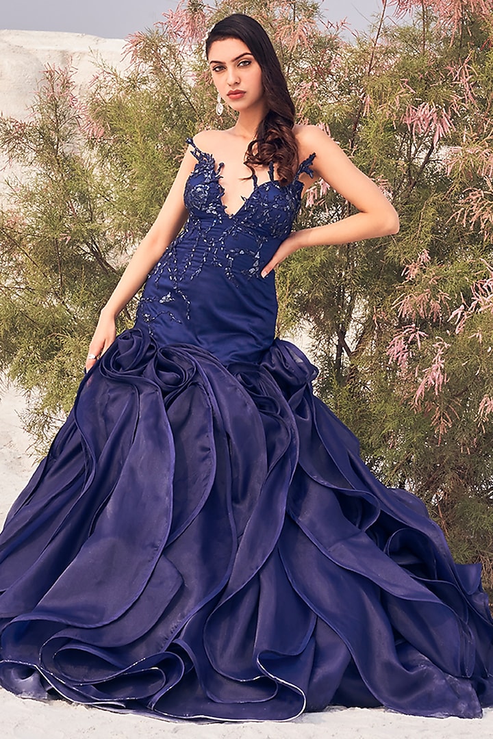 Midnight Blue Silk Embellished Gown by Aakansha Singhal