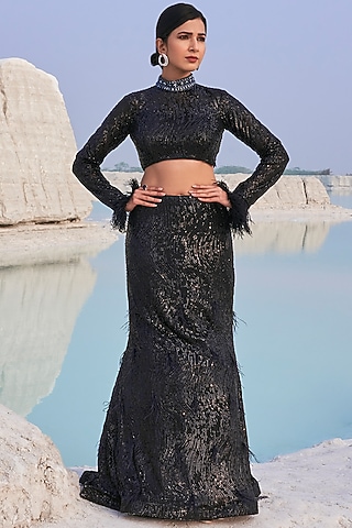 Black Maharani Net Co-Ord Set by Aakansha Singhal