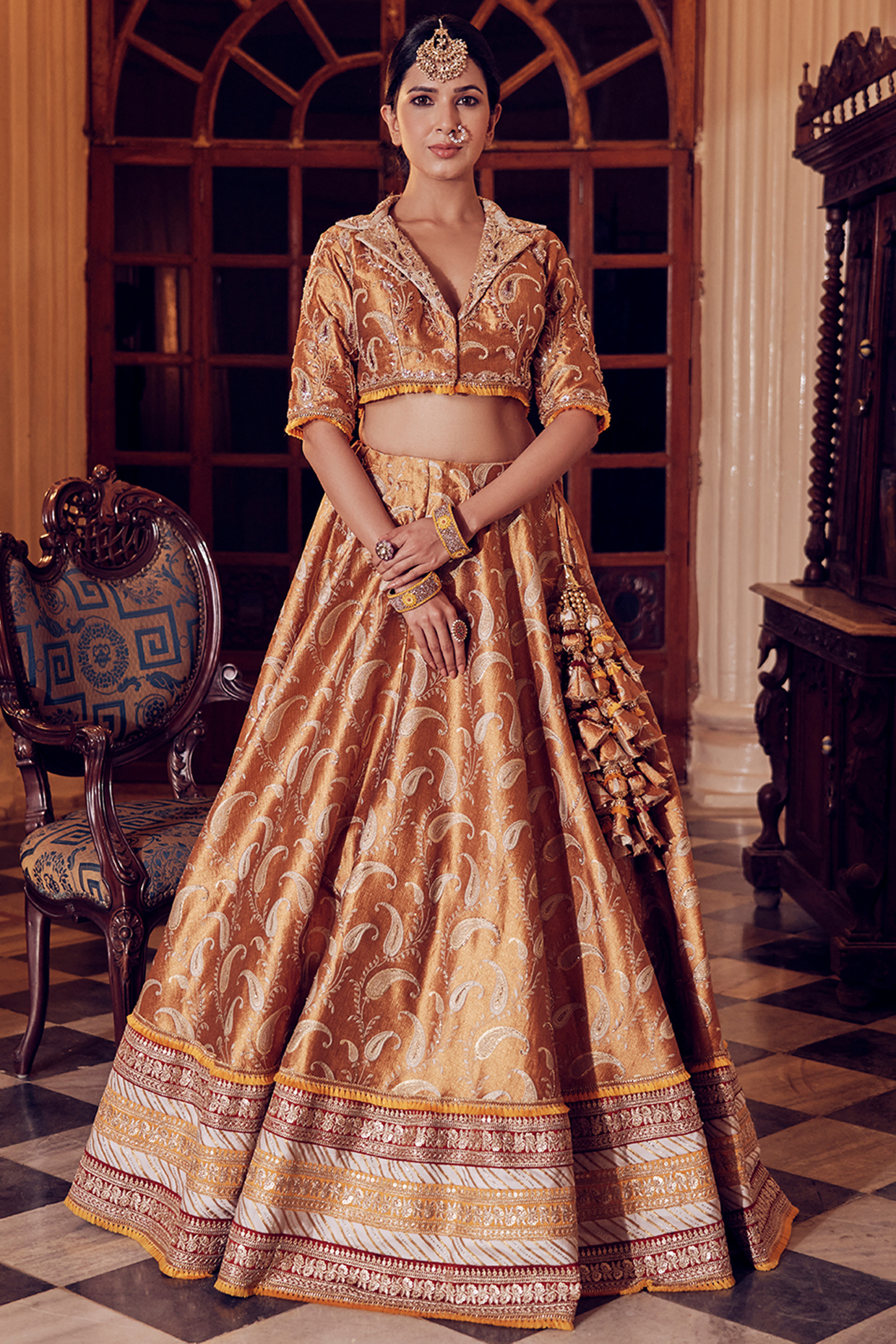 Camel Gold Embroidered Lehenga Set by Aakansha Singhal