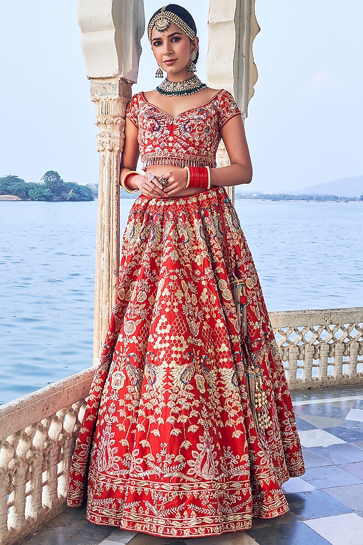 Red Dupion Silk Embroidered Lehenga Set by Aakansha Singhal