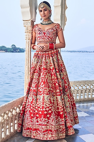 Red Dupion Silk Embroidered Lehenga Set by Aakansha Singhal