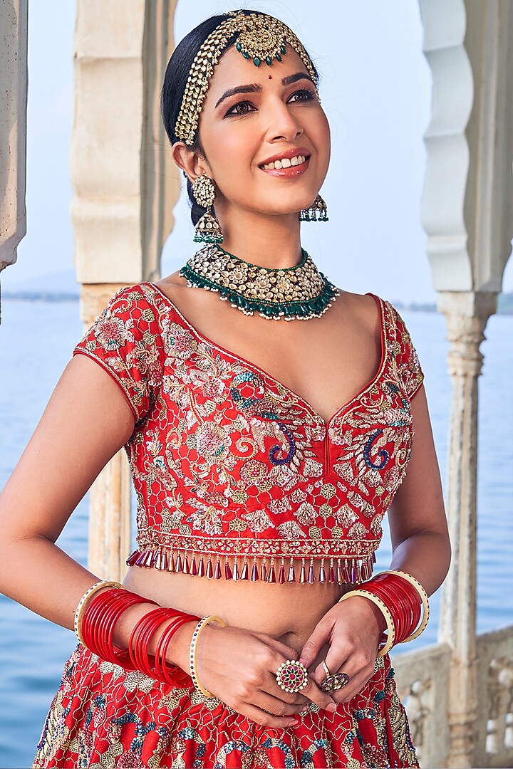 Red Dupion Silk Embroidered Bridal Lehenga Set by Aakansha Singhal at Pernia's Pop Up Shop