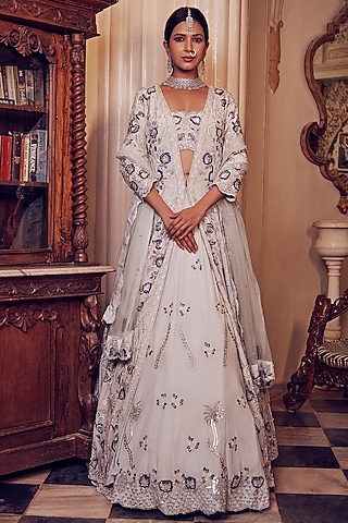Sky Blue Embroidered Lehenga Set by Aakansha Singhal