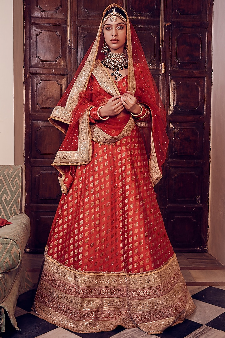 Red Handcrafted Lehenga Set by Aakansha Singhal