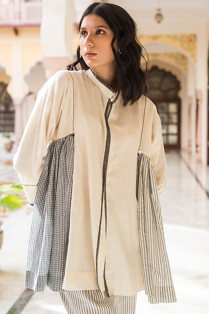 Off White & Indigo Top With Checks by Aavidi at Pernia's Pop Up Shop