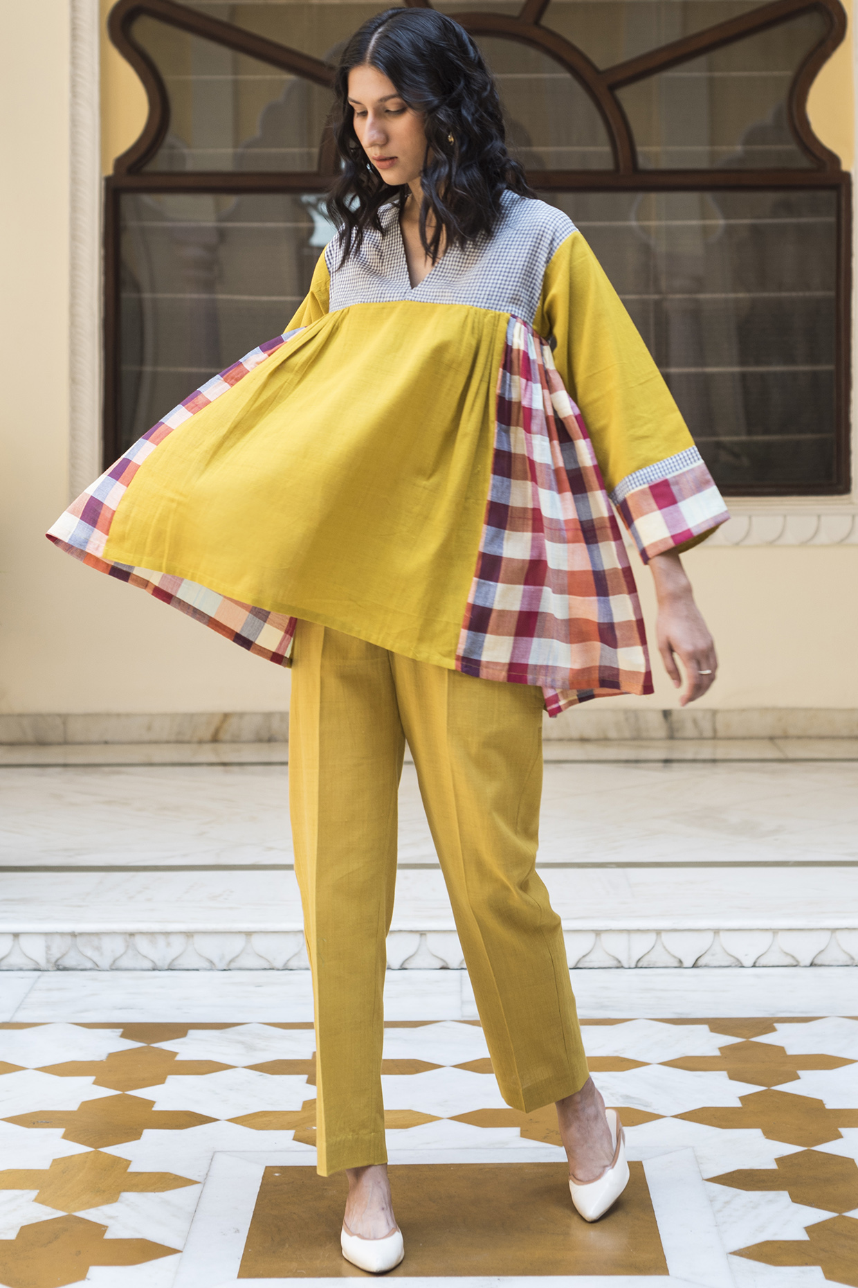 Multi Colored & Turmeric Yellow Top With Checks by Aavidi at Pernia's Pop Up Shop