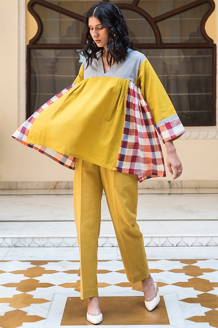 Multi Colored & Turmeric Yellow Top With Checks by Aavidi