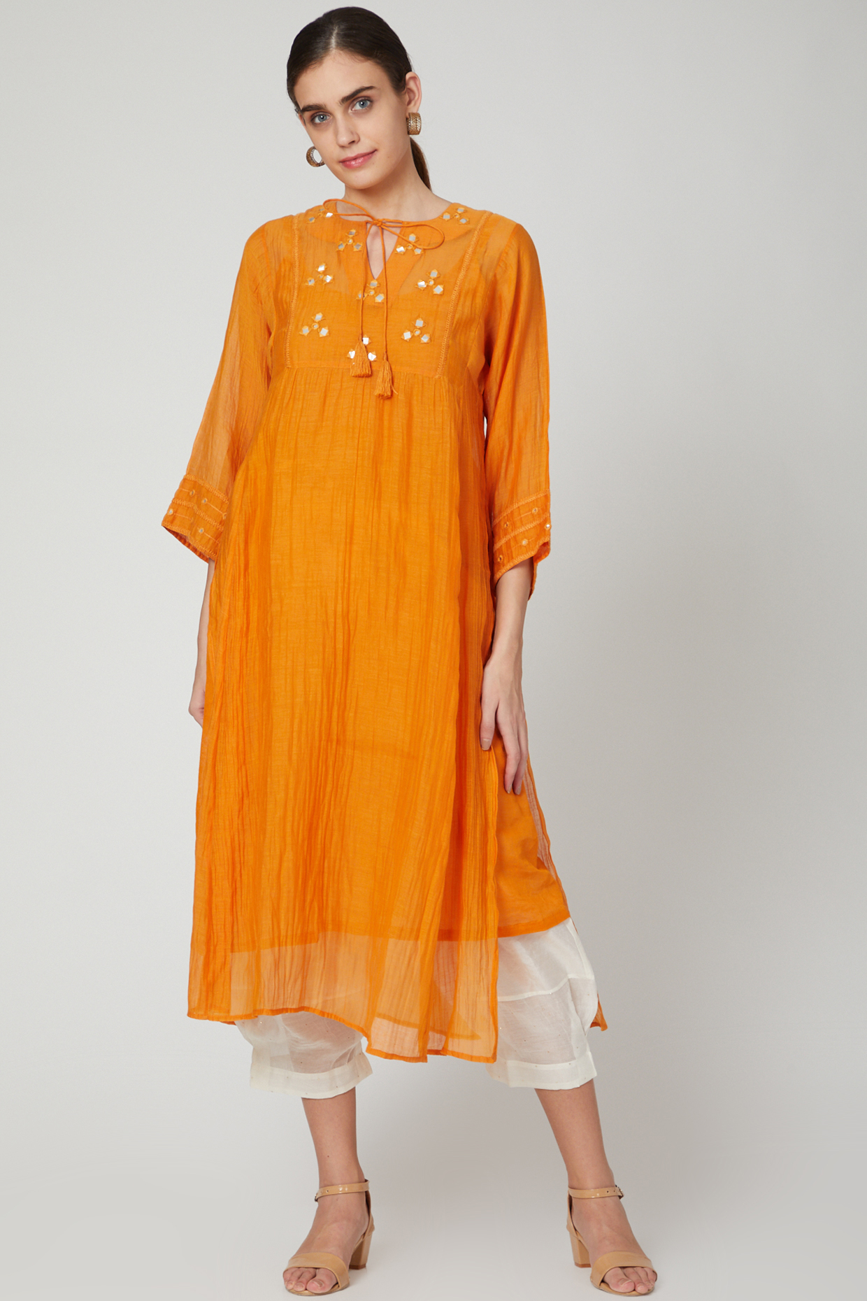 Orange Embroidered Kurta With Lining & Pants by Aavidi at Pernia's Pop Up Shop