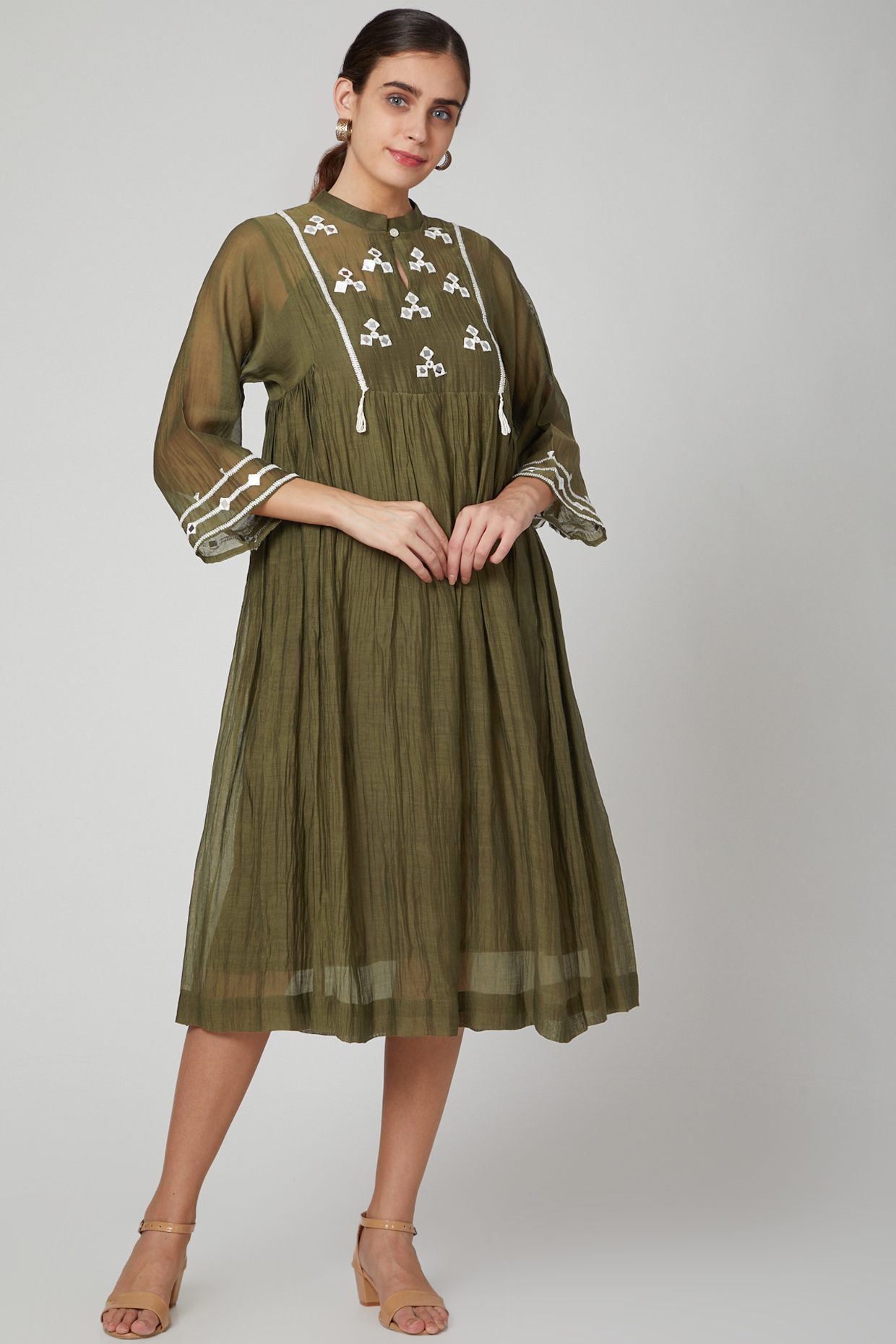 Olive Green Embroidered Kurta Dress by Aavidi at Pernia's Pop Up Shop