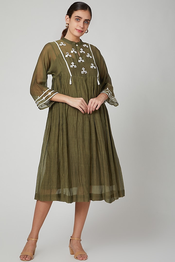 Olive Green Embroidered Kurta Dress by Aavidi at Pernia's Pop Up Shop