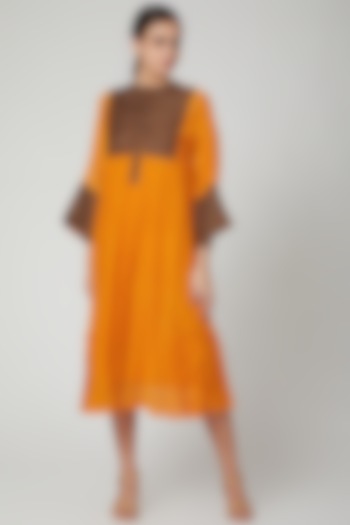 Orange Kurta Dress With Kantha Fabric Detailing by Aavidi