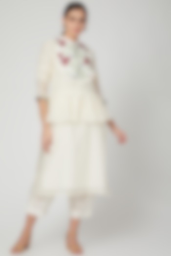 White Kurta With Embroidered Jacket & Pants by Aavidi