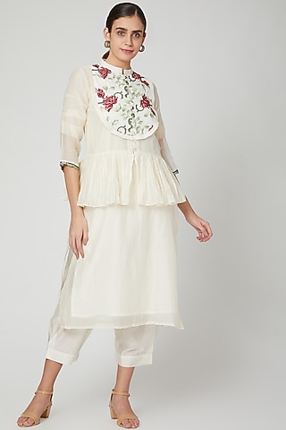 White Kurta With Embroidered Jacket & Pants by Aavidi