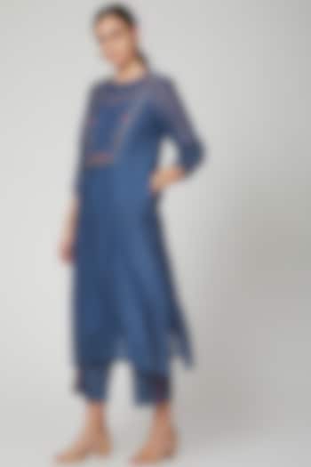 Cobalt Blue Hand Embroidered Kurta With Lining & Pants by Aavidi