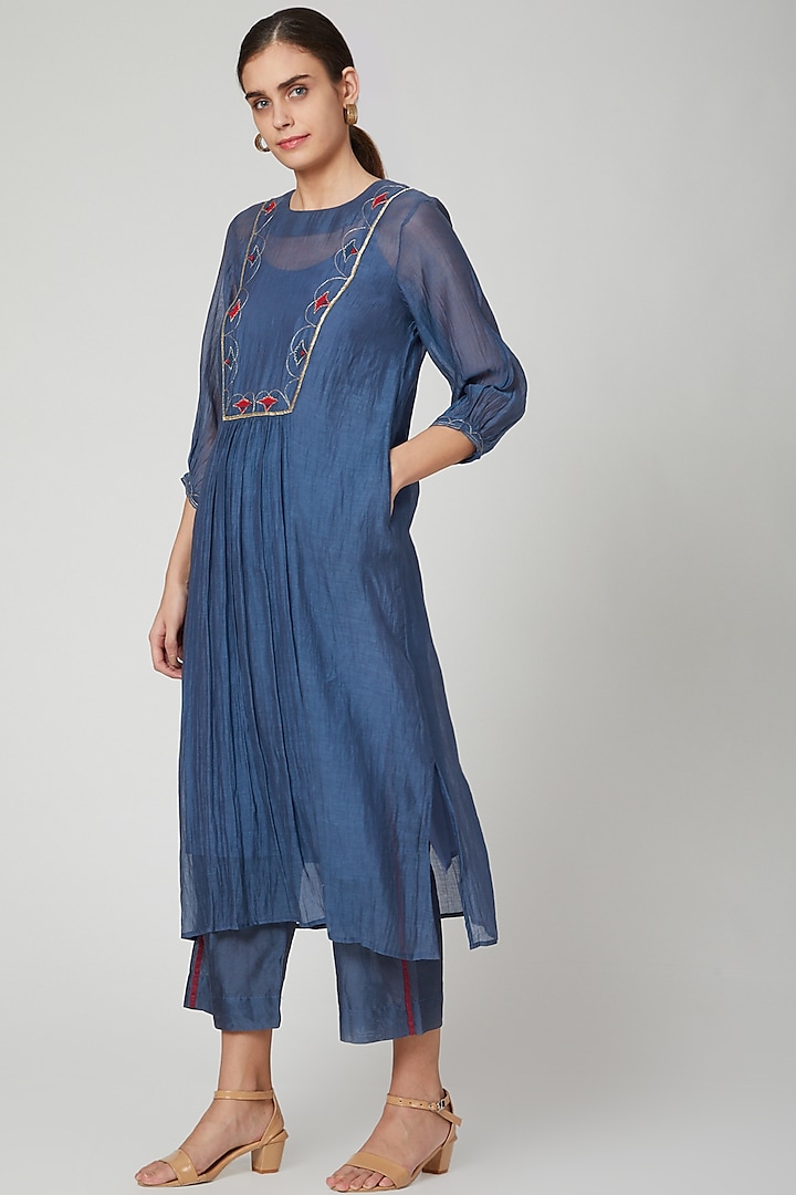Cobalt Blue Hand Embroidered Kurta With Lining & Pants by Aavidi