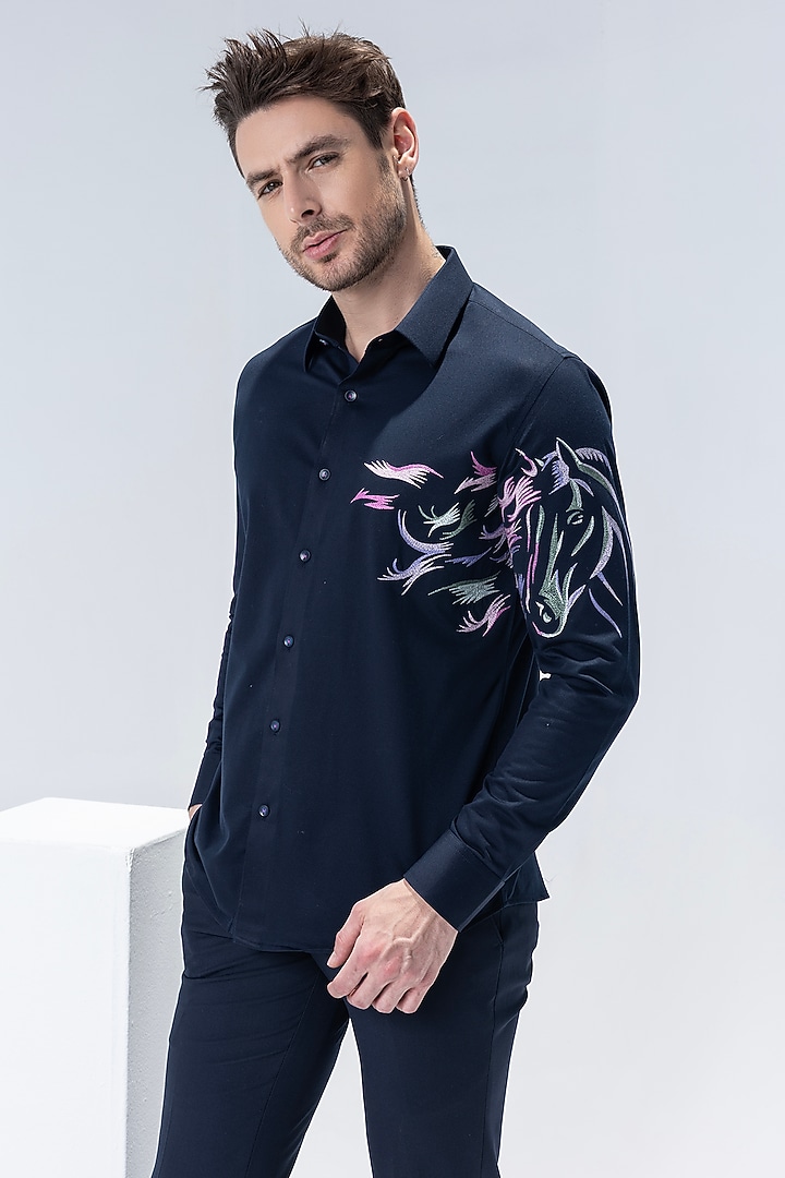 Navy Blue Knit Motif Embroidered Party Wear Shirt by AMIT ARORA at Pernia's Pop Up Shop