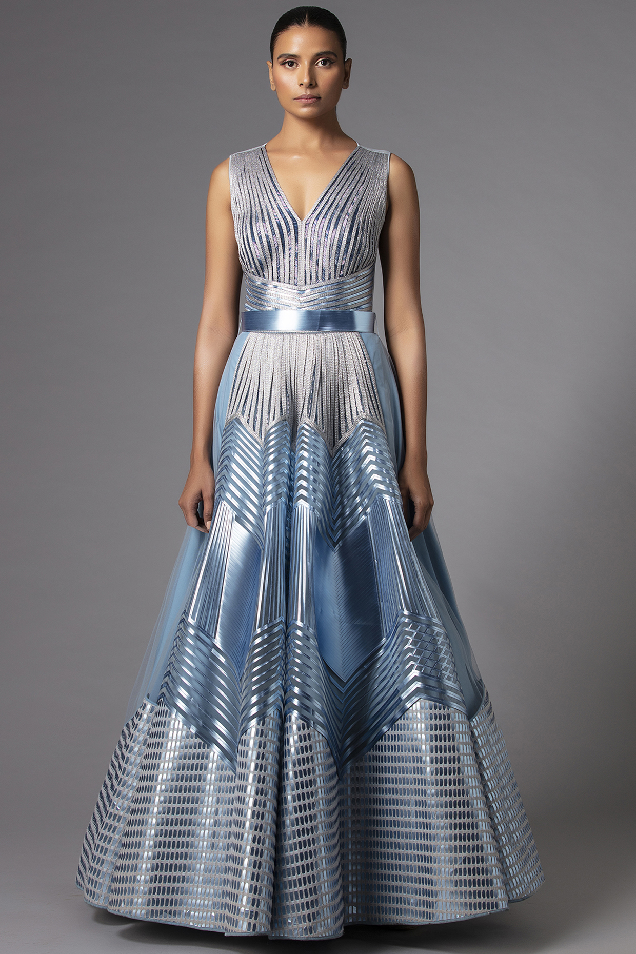 Ice Blue Metallic Structured Gown by Amit Aggarwal at Pernia's Pop Up Shop