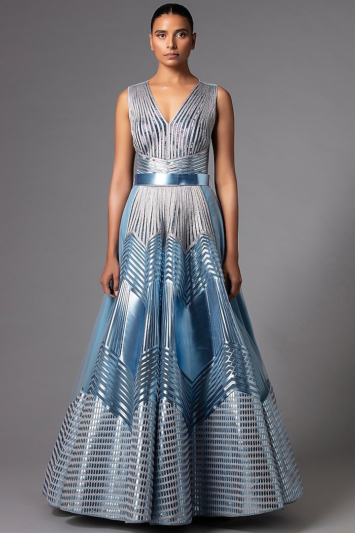 Ice Blue Metallic Structured Gown by Amit Aggarwal at Pernia's Pop Up Shop