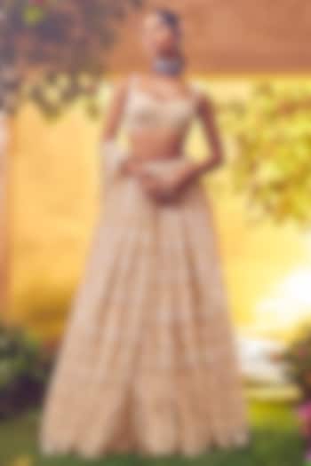 Dull Ivory Tulle Sequins Hand Embroidered Lehenga Set by Aneesh Agarwaal