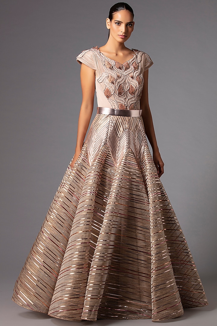 Blush Pink Metallic Structured Gown by Amit Aggarwal