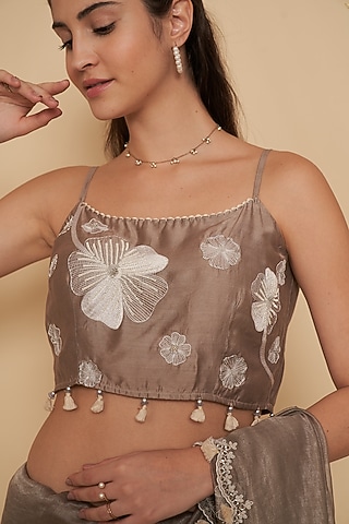 Grey Chanderi Floral Embroidered Blouse by Gyaarah Baees