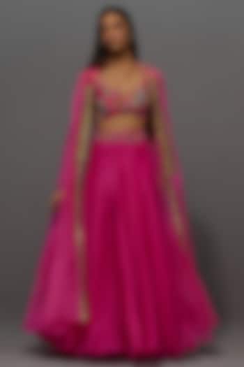 Fuchsia Silk & Organza Jacket Wedding Lehenga Set by aum ashima & asit at Pernia's Pop Up Shop