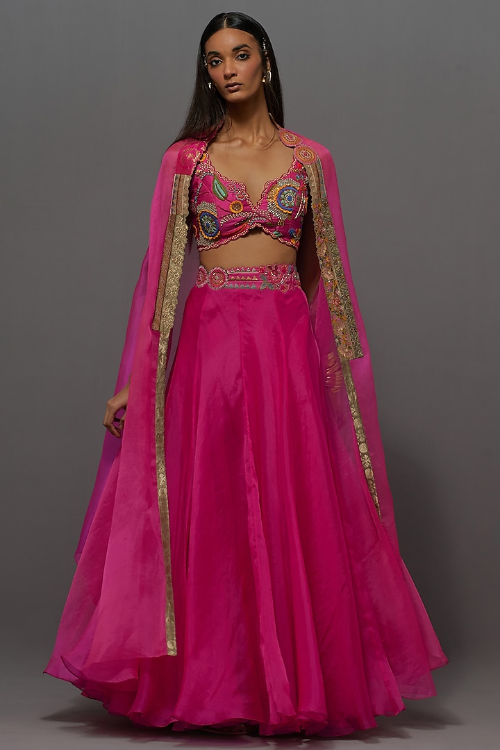 Fuchsia Silk & Organza Jacket Wedding Lehenga Set by aum ashima & asit at Pernia's Pop Up Shop