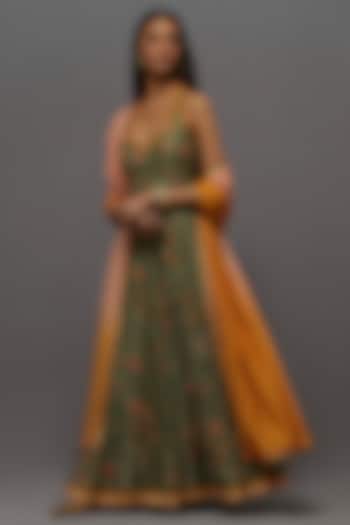 Green Chanderi Silk Printed Kalidar Wedding Anarkali Set by aum ashima & asit at Pernia's Pop Up Shop