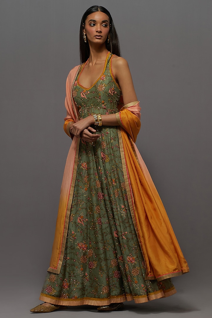 Green Chanderi Silk Printed Kalidar Wedding Anarkali Set by aum ashima & asit at Pernia's Pop Up Shop