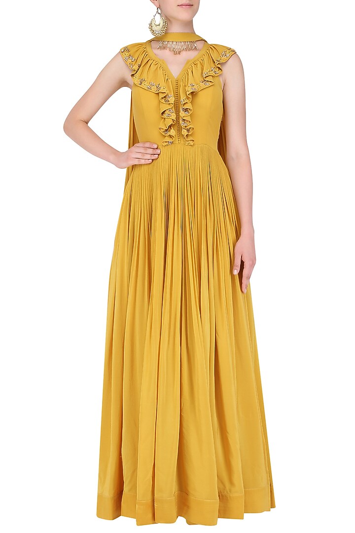 Mariegold yellow ruffle anarkali available only at Pernia's Pop Up Shop.