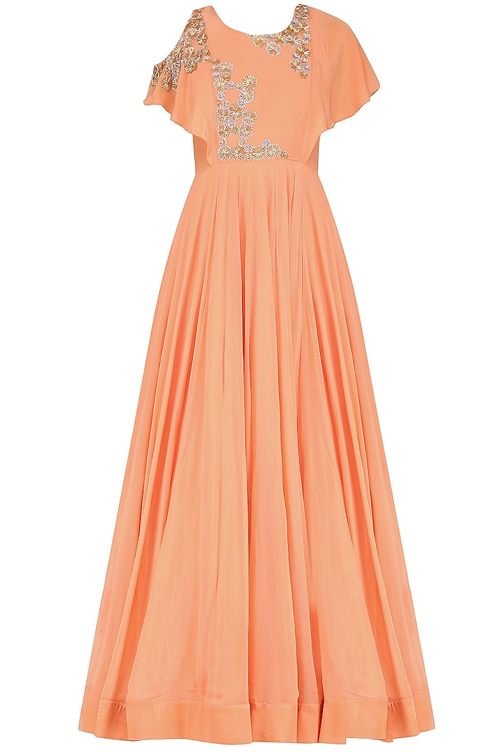 Coral Peach Cold Shoulder Gown by Aashna Behl