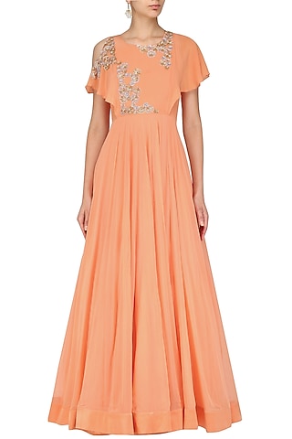 Coral Peach Cold Shoulder Gown by Aashna Behl
