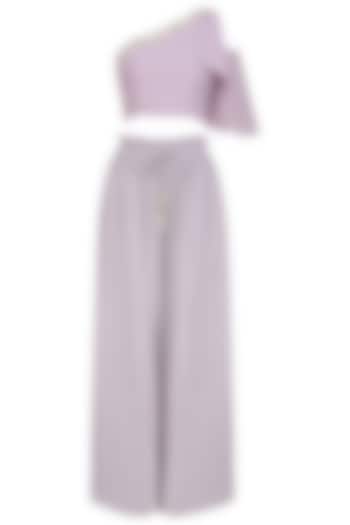 Lilac Embroidered Top with Mist Grey Frill Pants by Aashna Behl