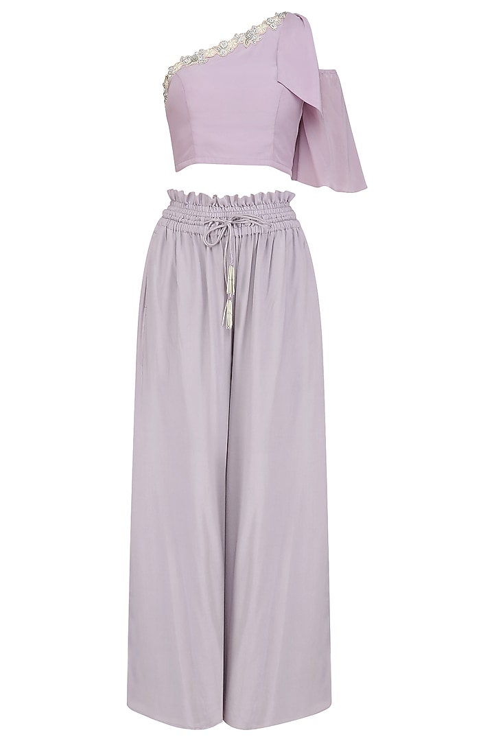 Lilac embroidered top with mist grey frill pantsavailable only at Pernia's Pop Up Shop.