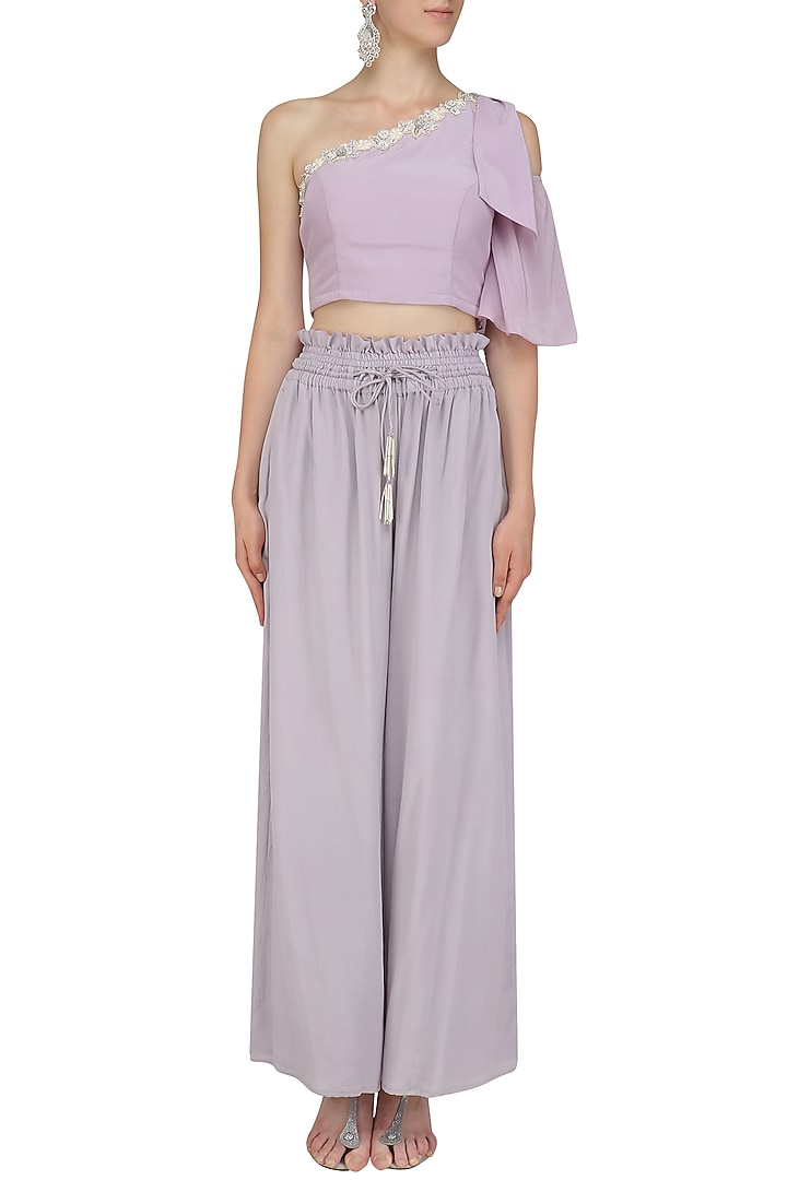 Lilac embroidered top with mist grey frill pantsavailable only at Pernia's Pop Up Shop.