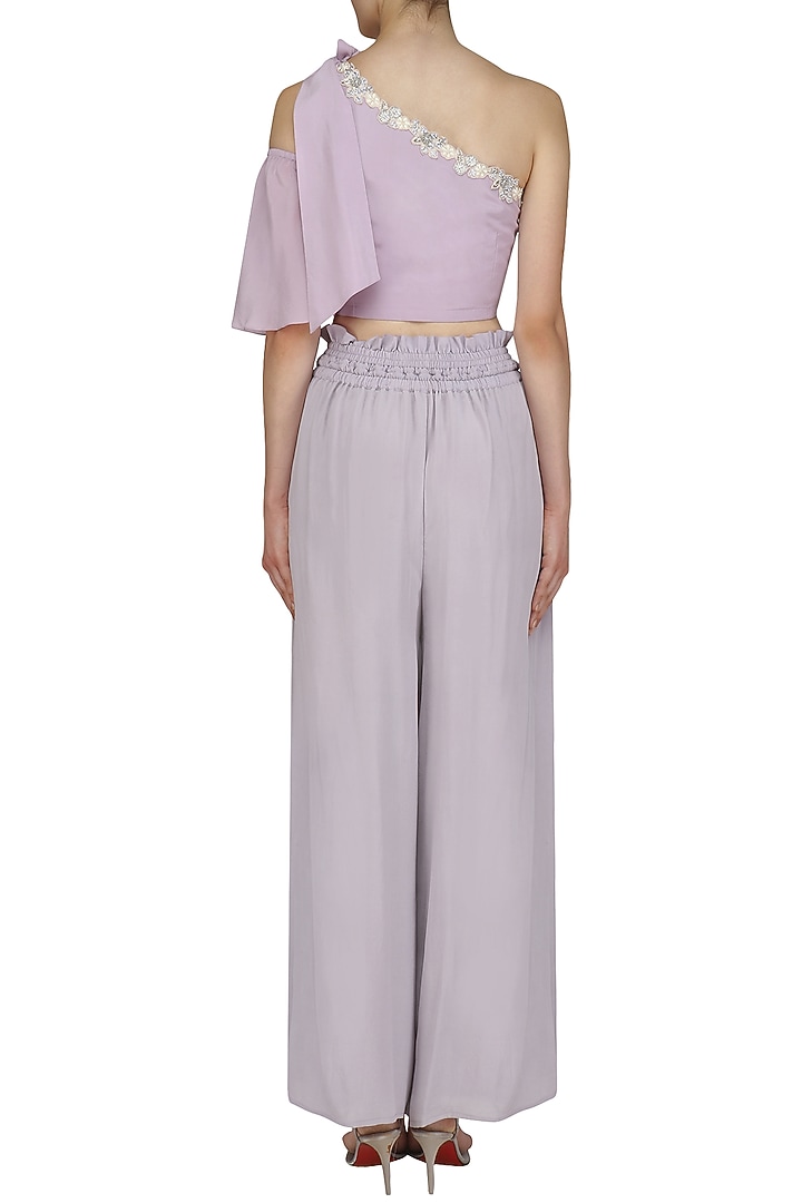 Lilac embroidered top with mist grey frill pantsavailable only at Pernia's Pop Up Shop.
