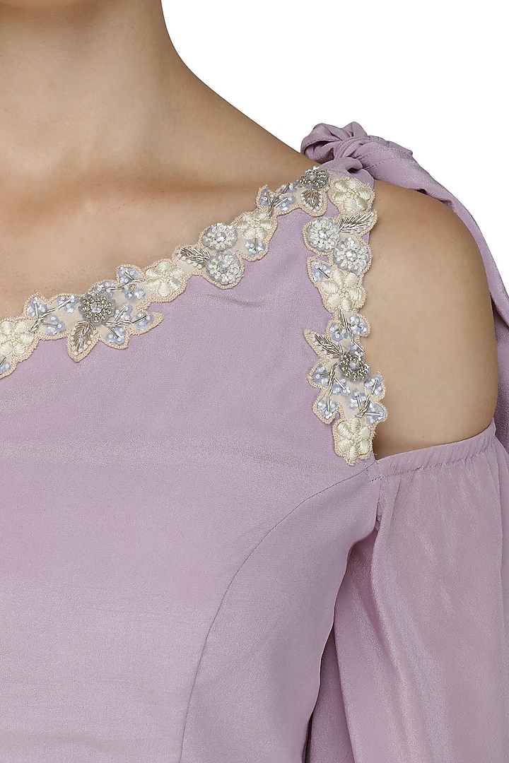 Lilac embroidered top with mist grey frill pantsavailable only at Pernia's Pop Up Shop.
