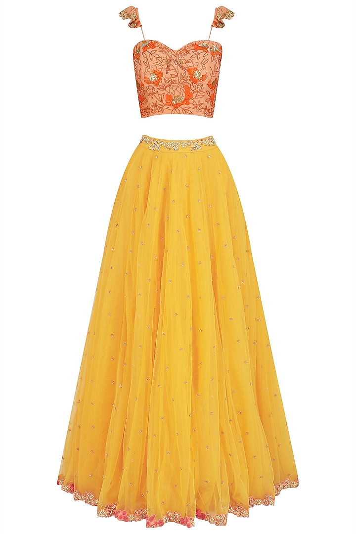 Mariegold Yellow and Coral Embroidered Lehenga Set by Aashna Behl